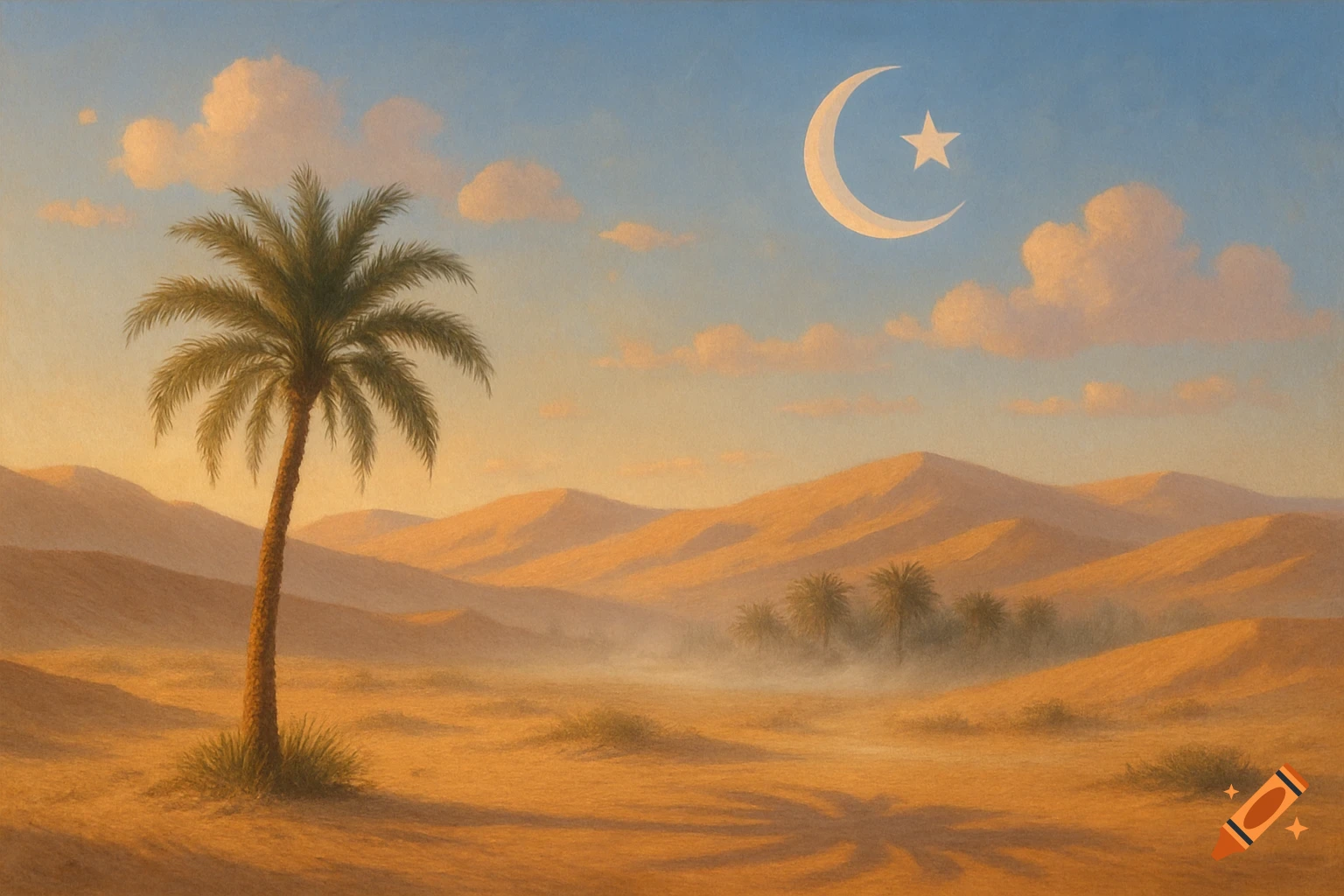 A serene desert landscape painting at sunset, featuring a lone palm tree, sand dunes, and a crescent moon and star in the sky.