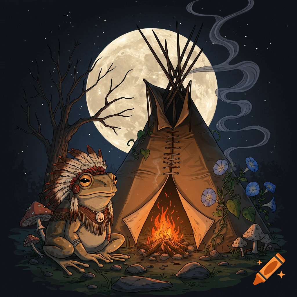 Illustrated frog in a Native American headdress sitting by a campfire outside a teepee under a large full moon, with mushrooms and vines.