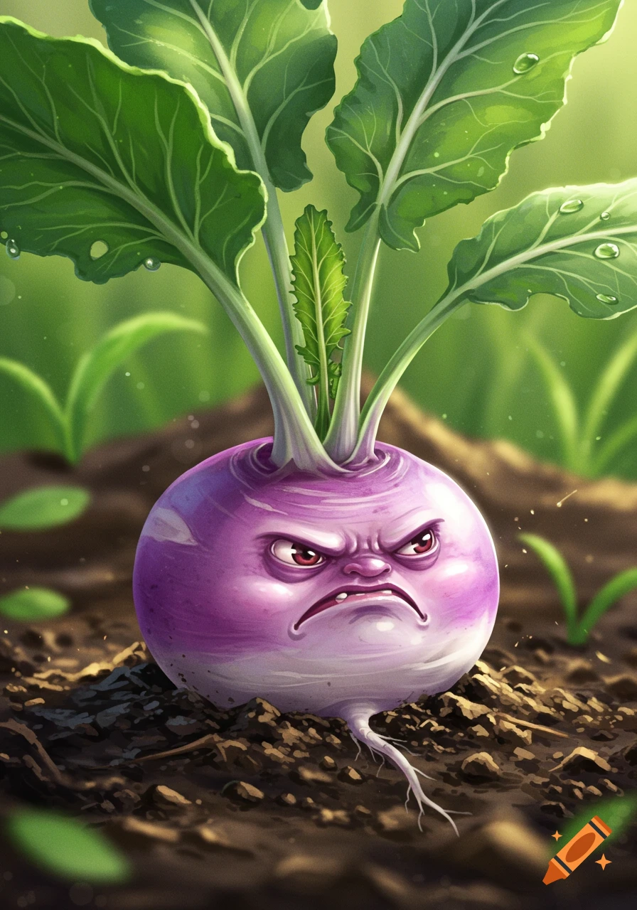 An angry purple turnip with large green leaves sits in brown soil. It has a cartoonishly angry face with furrowed brows and a frown.