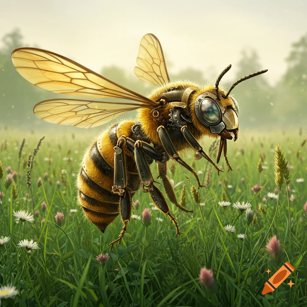 A large, detailed steampunk bee with mechanical parts hovers over a lush green field filled with wildflowers.