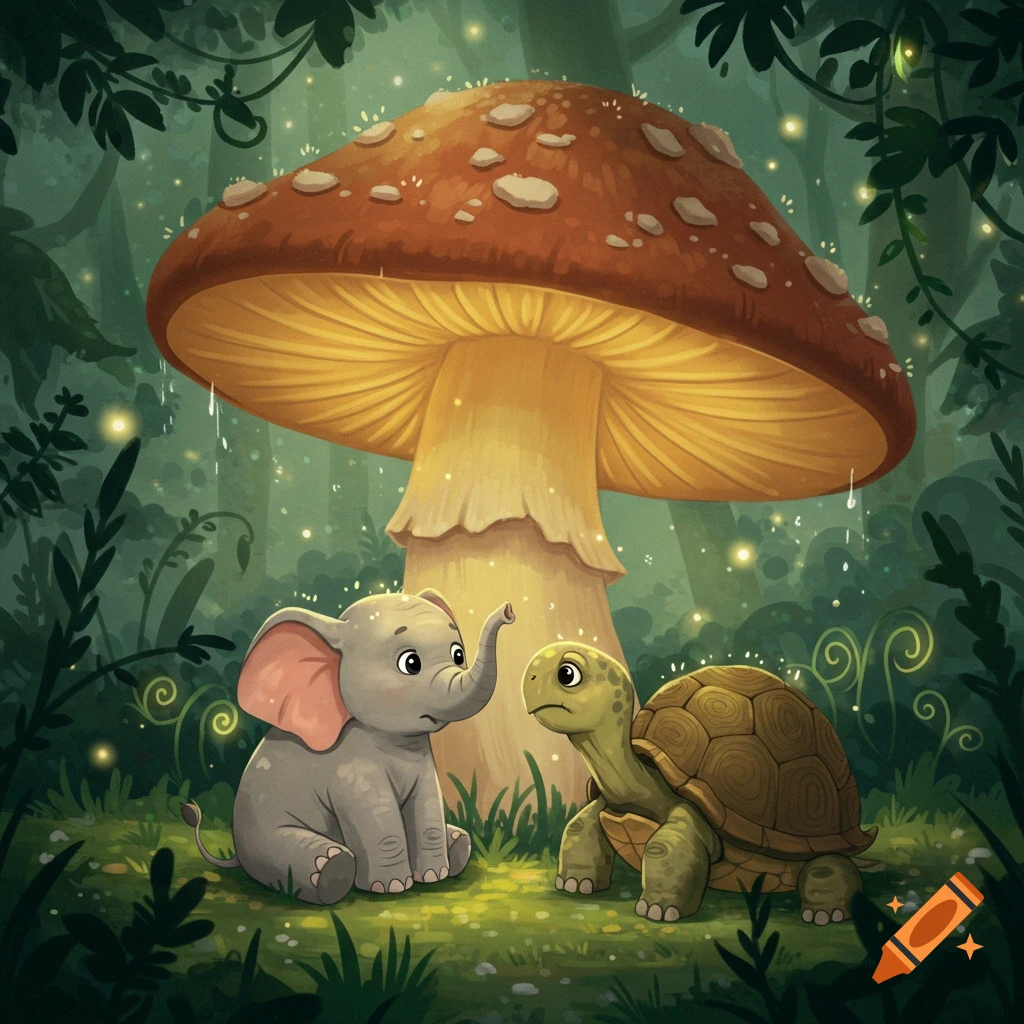 A baby elephant and turtle sharing stories under a giant mushroom in a glowing fantasy forest, cartoon style.