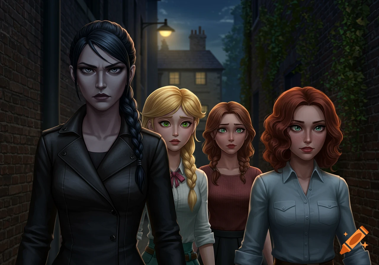 Four stylized women, one stern and three anxious, stand in a dark alleyway at night.