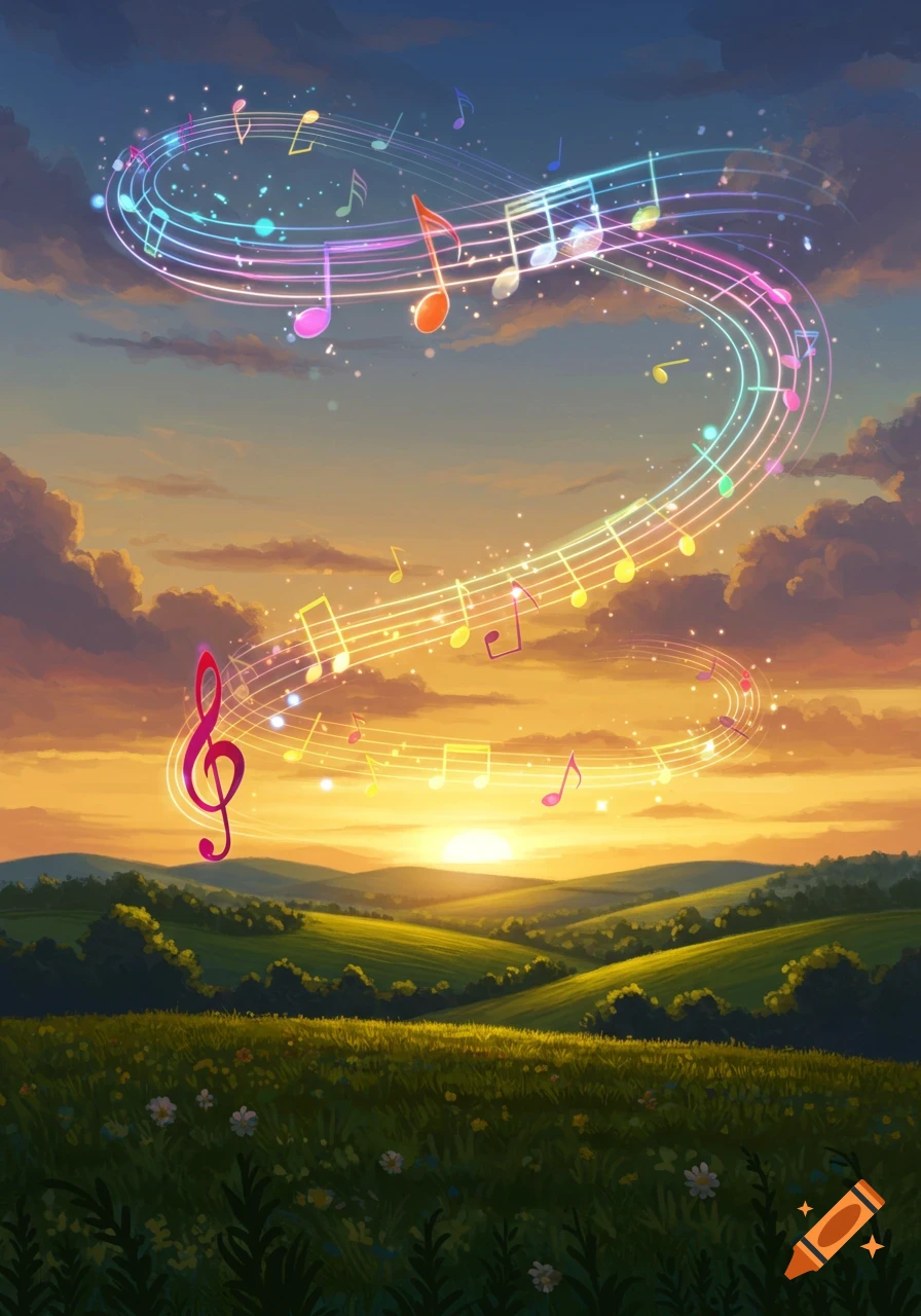 Glowing, colorful musical notes float above a vibrant sunset landscape with rolling green hills and a field of flowers.