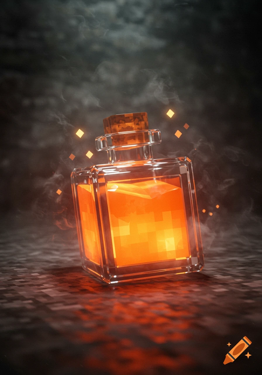 A glowing, pixelated orange potion in a square glass bottle with a cork stopper, surrounded by smoke and sparkling light.