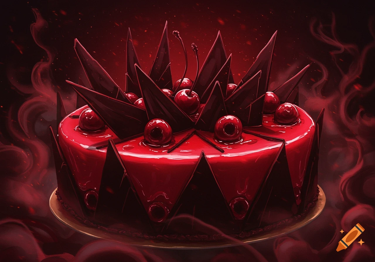 A dark red cake with chocolate spikes and cherries, in a stylized, somewhat ominous anime art style, against a smoky red background.
