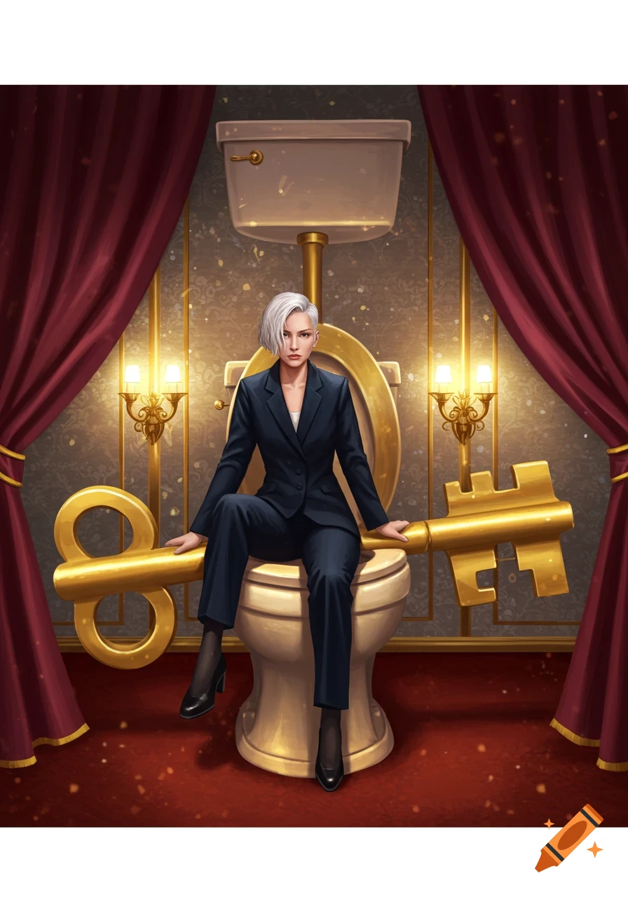 A woman in a dark suit sits on a toilet shaped like a giant golden key in an ornate, luxurious room, digital art style.