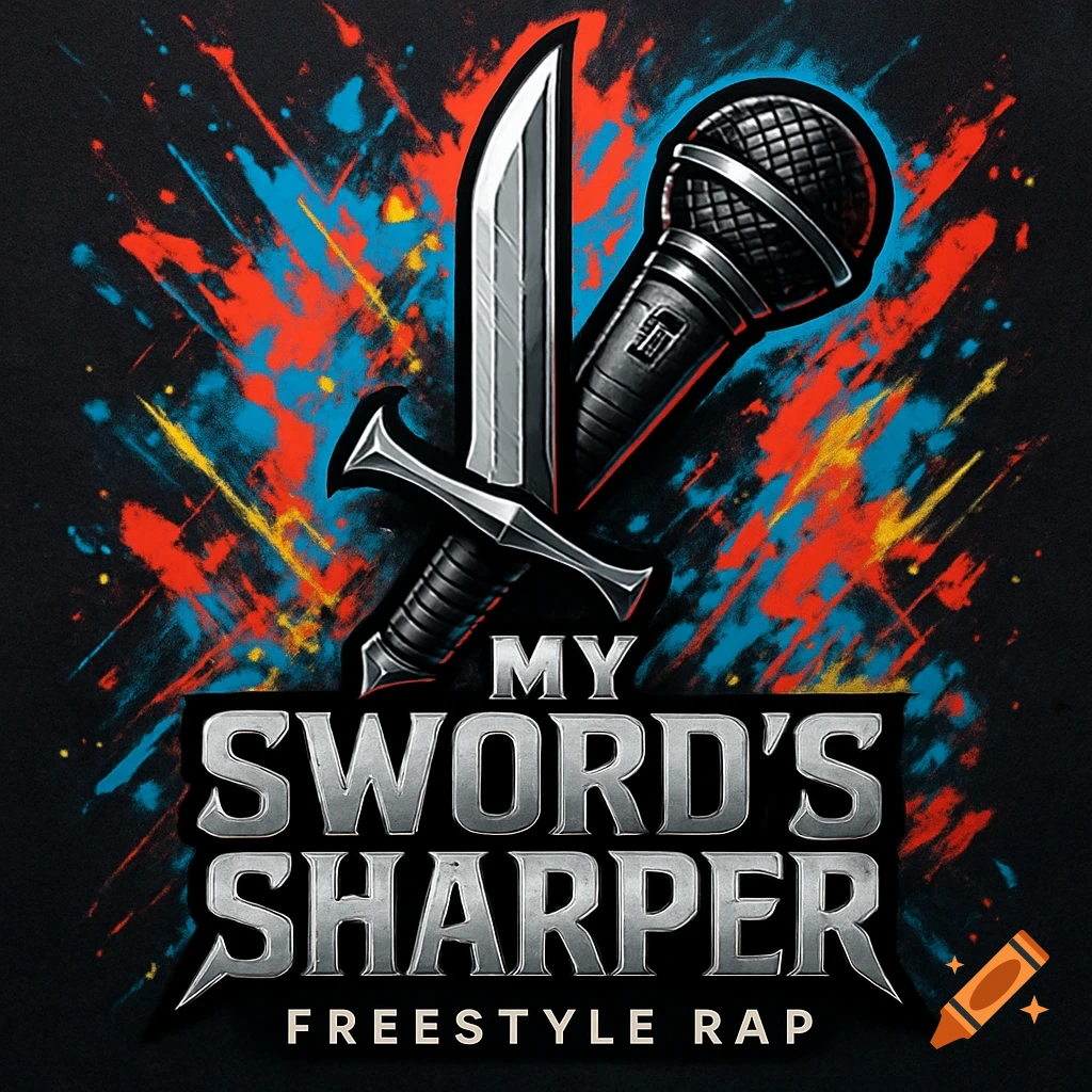 Stylized logo with a sword and microphone crossed, 'MY SWORD'S SHARPER FREESTYLE RAP' text, and colorful paint splatters.