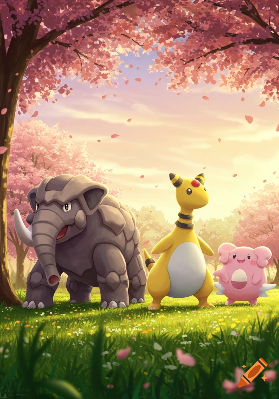 Three Pokemon, Donphan, Ampharos, and Blissey, stand in a vibrant green field with small flowers under blooming pink cherry blossom trees at sunset.