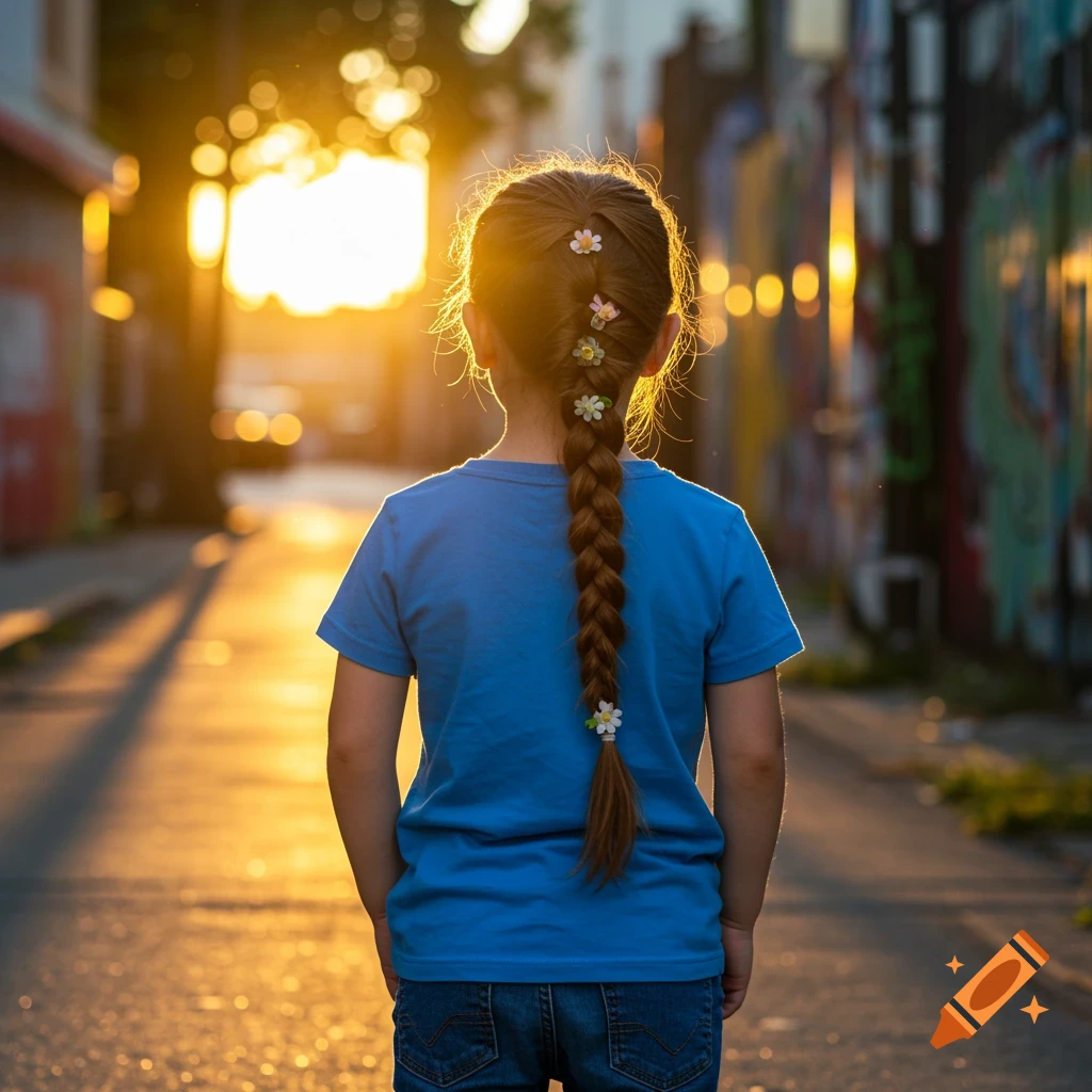A young girl with a long braided ponytail adorned with small flowers stands facing away in a sunlit urban alleyway.