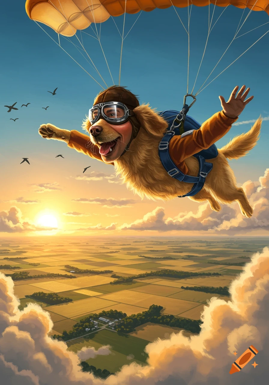 A whimsical dog with a human face skydives with a parachute over sunlit fields at sunset.