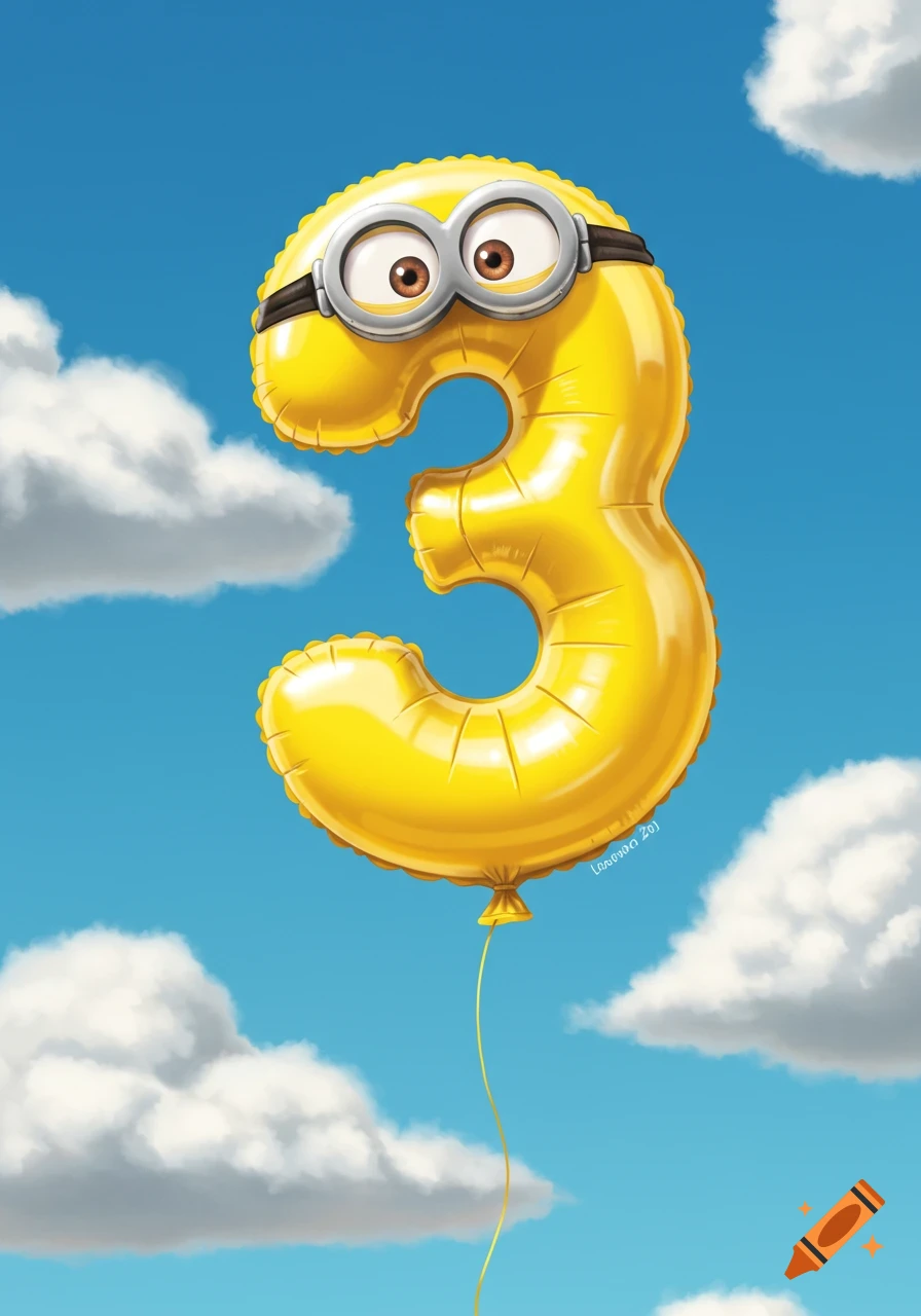 A yellow Minion-style number 3 balloon with goggles and eyes floats in a bright blue sky with white clouds.