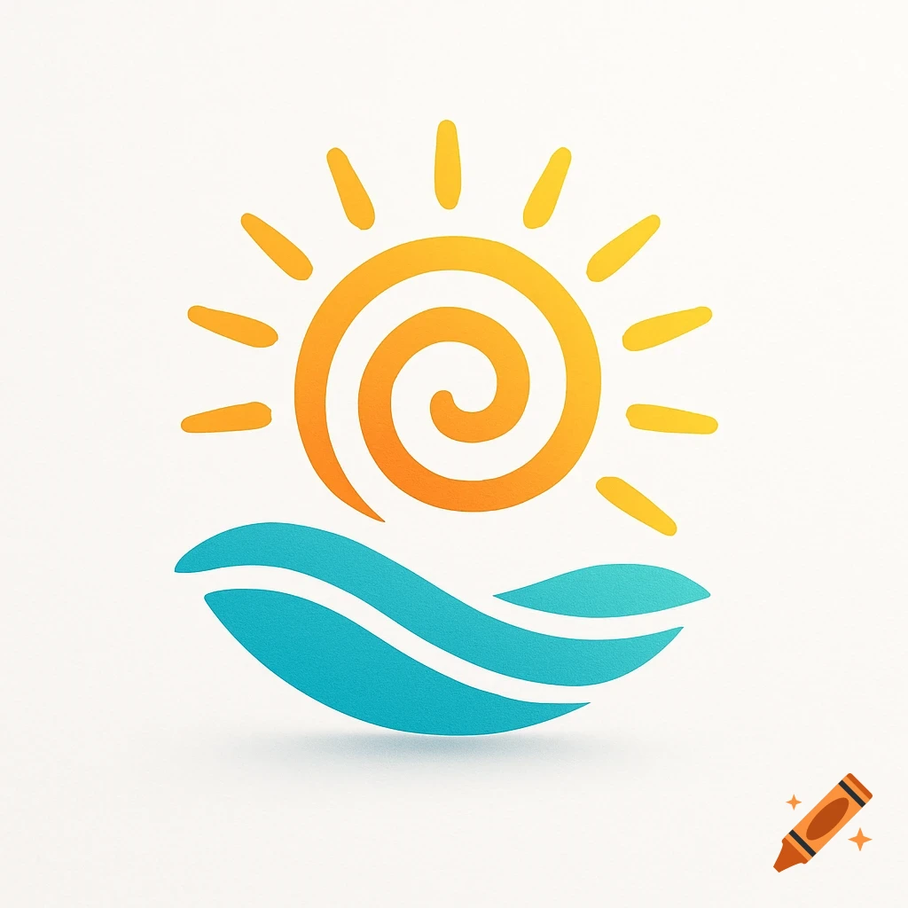 A stylized orange sun with a spiral center above blue waves, on a white background.