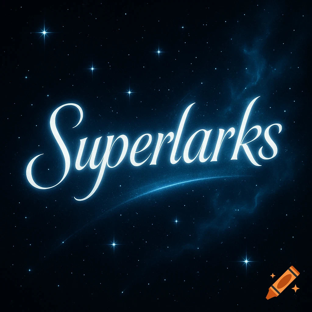 A glowing blue word 'Superlarks' in a script font against a dark blue background filled with stars and faint nebula.