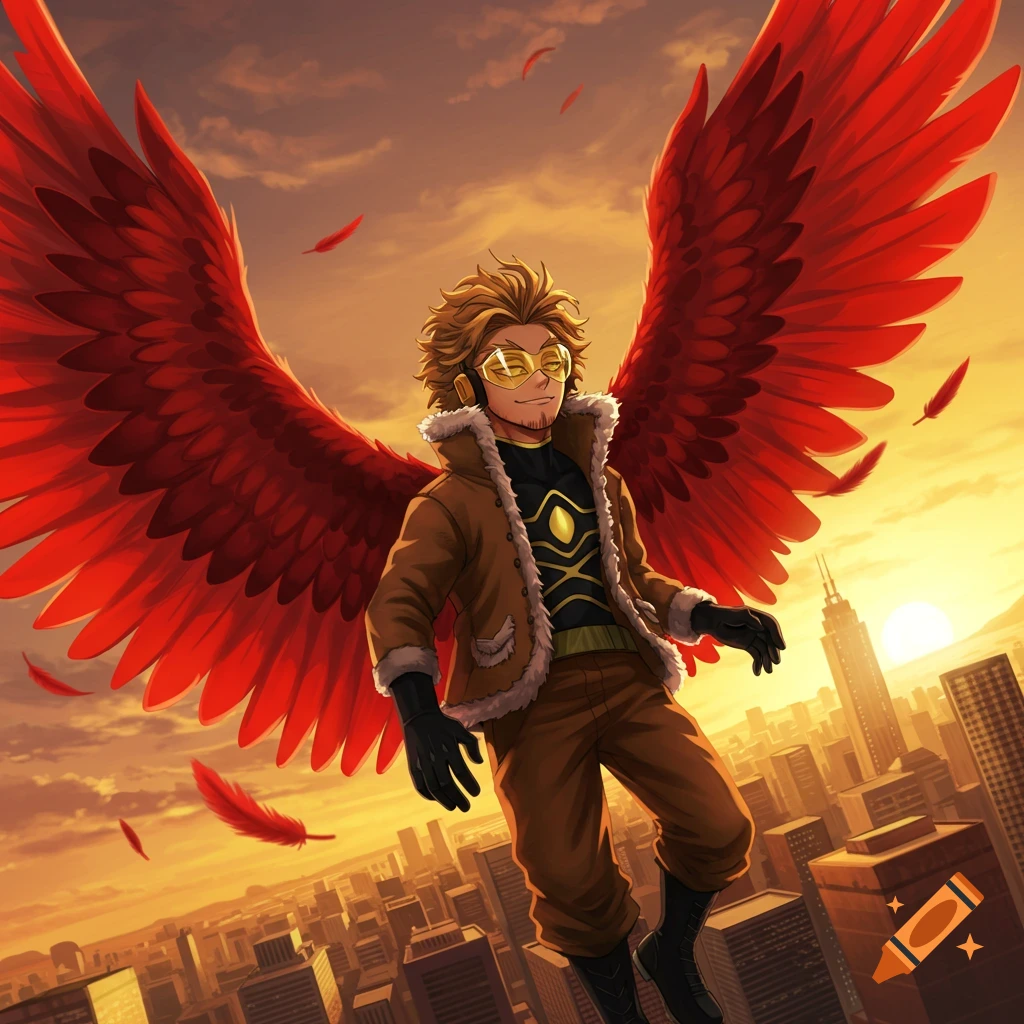 An anime superhero with large red wings and goggles flies above a city at sunset.