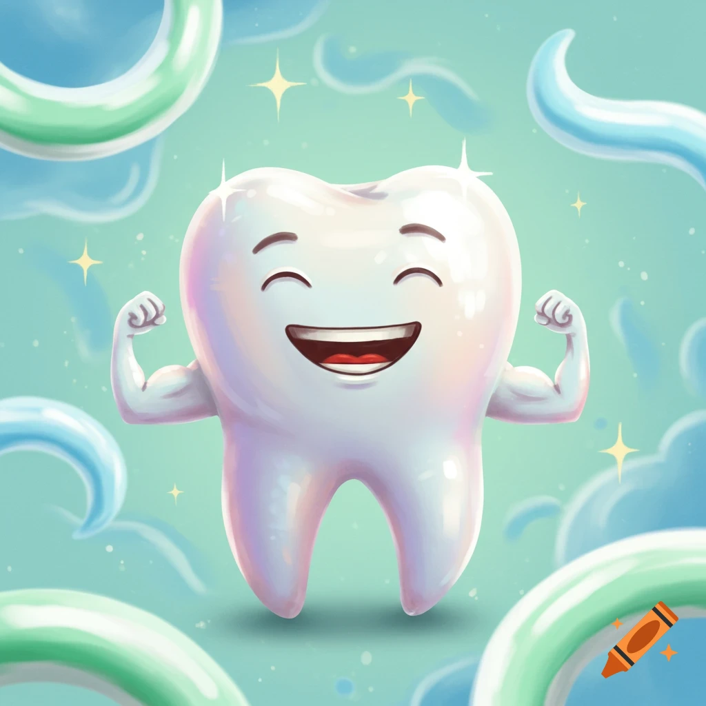 A shiny, happy cartoon tooth flexing its muscular arms on a light blue background with toothpaste swirls and sparkles.