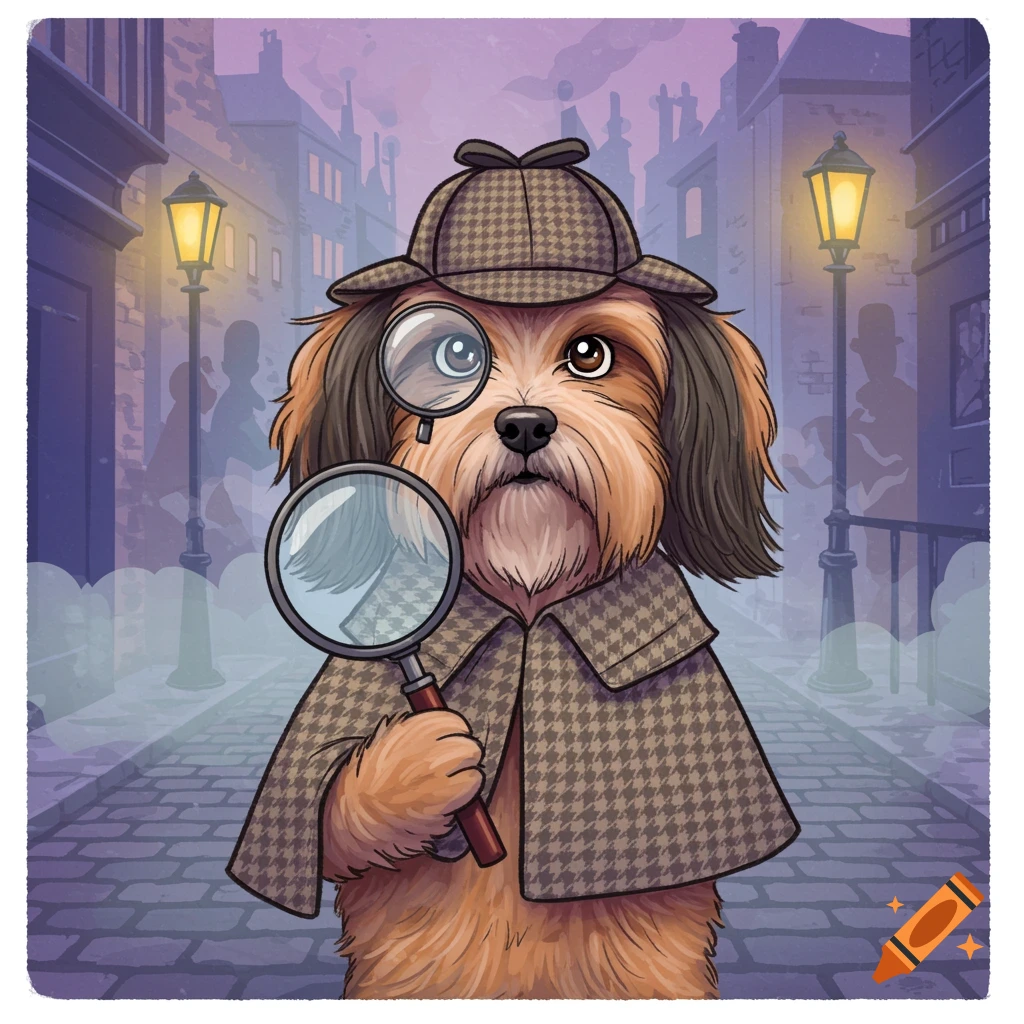 A cartoon Tibetan Terrier dressed as Sherlock Holmes, with a deerstalker hat and magnifying glasses, standing on a foggy cobblestone street at night.