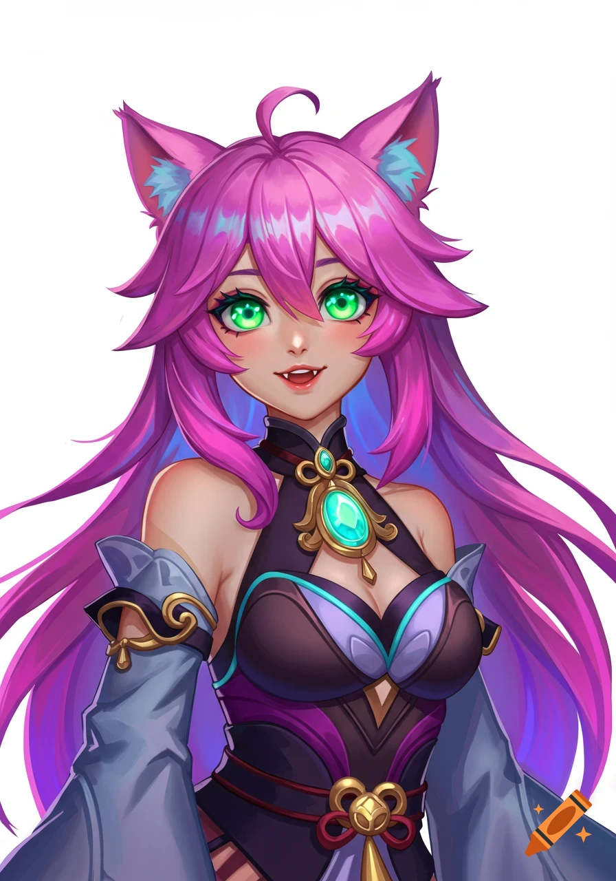 An anime-style portrait of a catgirl with long pink hair, green eyes, and cat ears, wearing a dark fantasy-inspired outfit.