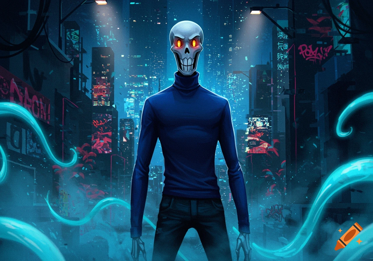A stylized skeletal figure in a blue turtleneck and dark pants stands in a neon-lit cyberpunk city at night, with glowing orange eyes and blue glowing tendrils.
