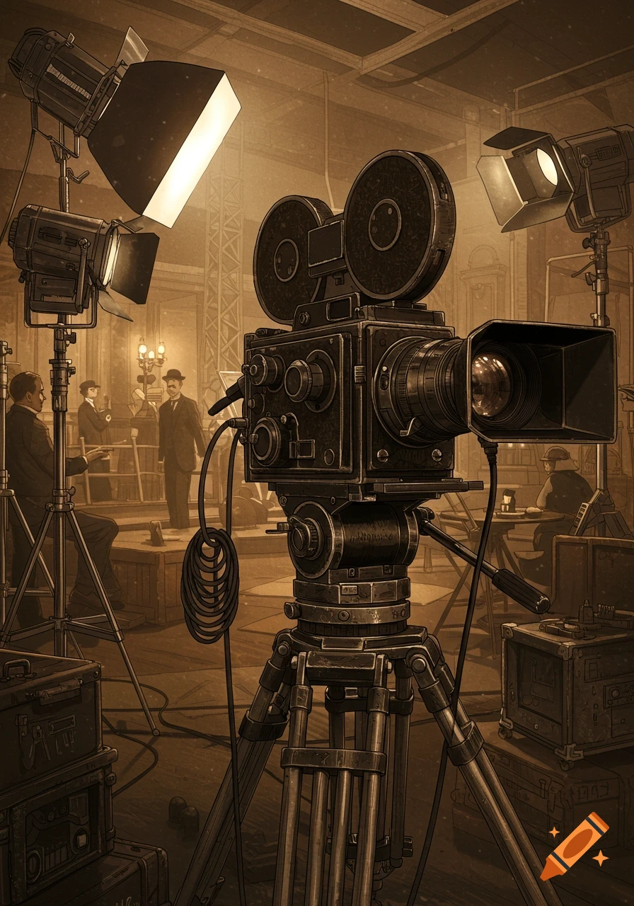 Sepia-toned illustration of an old film set with a large vintage camera in the foreground and crew members working in the background.