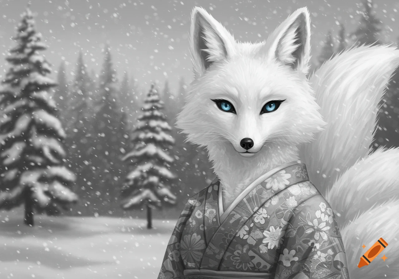 White anthropomorphic fox in a kimono with blue eyes in a snowy grayscale manga art style.