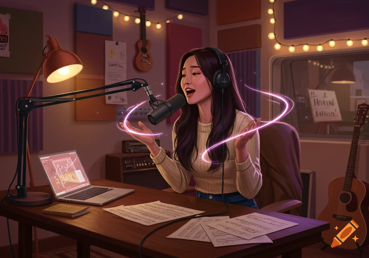 An Asian woman with headphones sings into a microphone in a home studio, with musical notes and glowing lines around her hands.