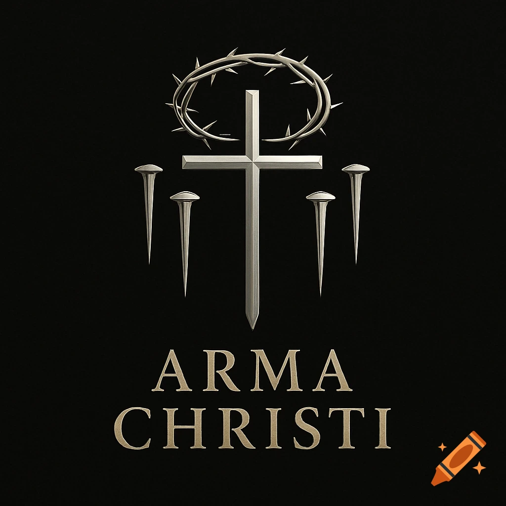 A silver cross with a crown of thorns and four nails on a black background, above the text 'ARMA CHRISTI'.