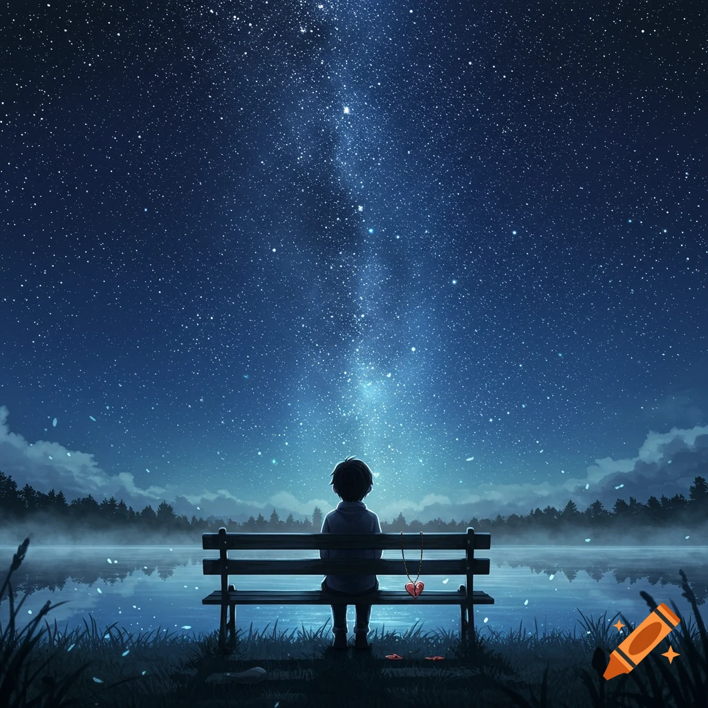 A boy sits on a bench by a starry lake at night, with a broken heart pendant hanging from the bench in an anime style.