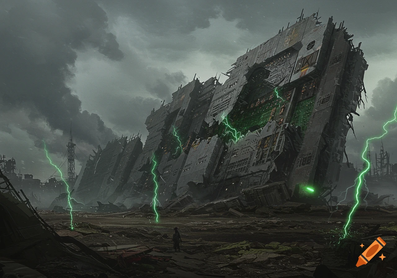 A desolate, post-apocalyptic landscape features a massive, leaning, ruined supercomputer structure with glowing green lightning striking the ground.