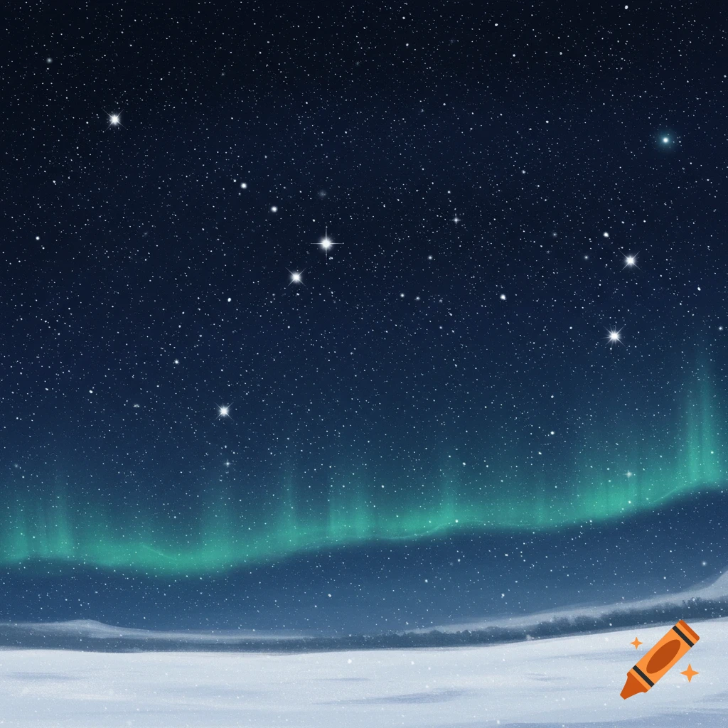 A vibrant green aurora borealis lights up a dark, starry night sky over a snow-covered landscape.