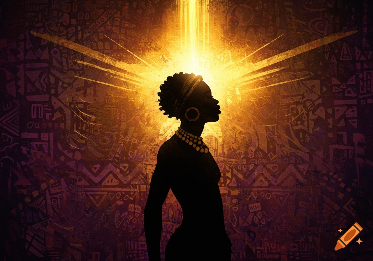 A silhouette of a Black woman with a necklace and hoop earrings, looking up towards a golden light, against an abstract cultural patterned background.