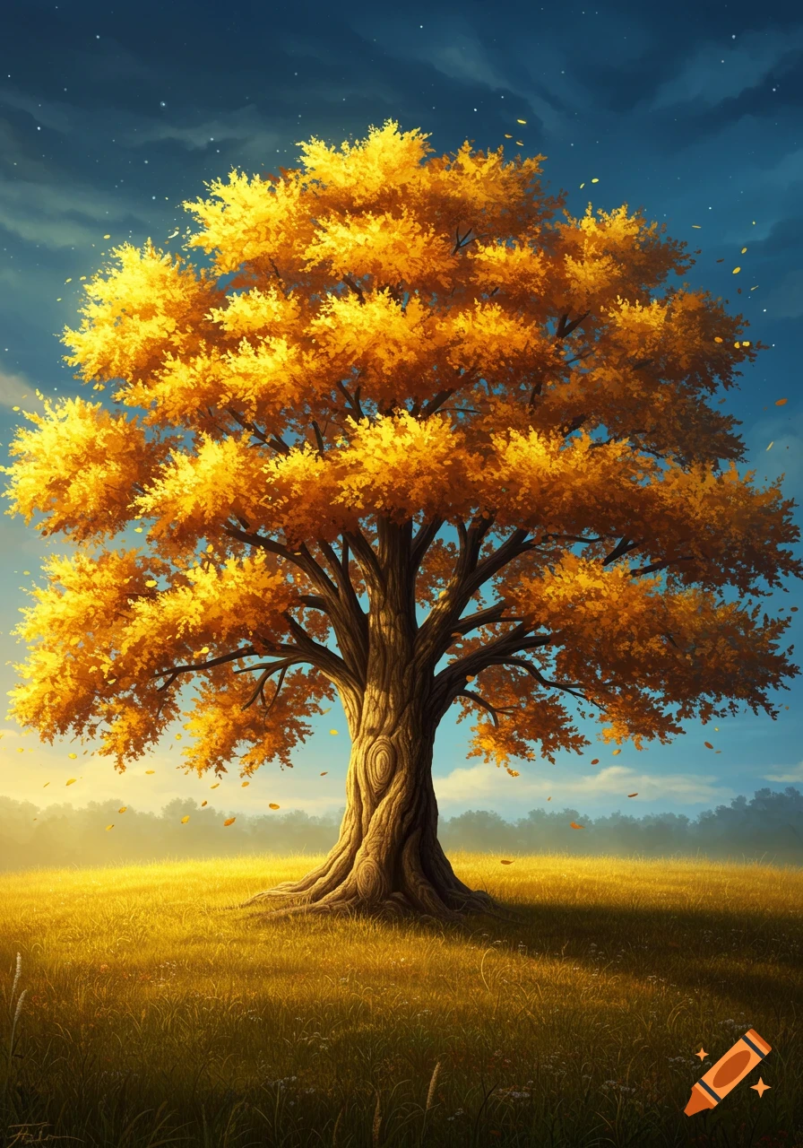 A majestic golden-leaved tree stands in a sunlit meadow, set against a deep blue, starry sky, in an illustrative style.