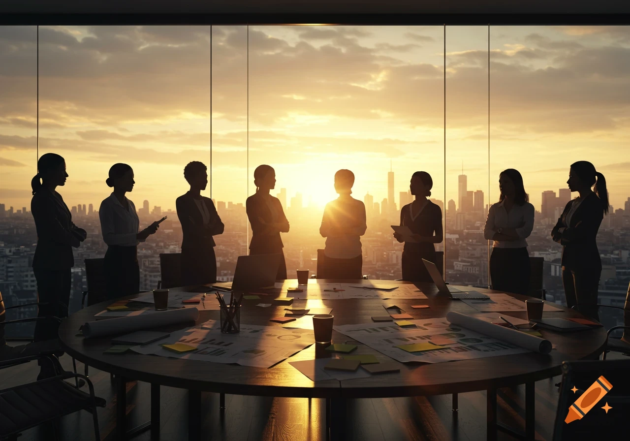 Silhouettes of women meeting in a modern conference room with a city skyline at sunset.