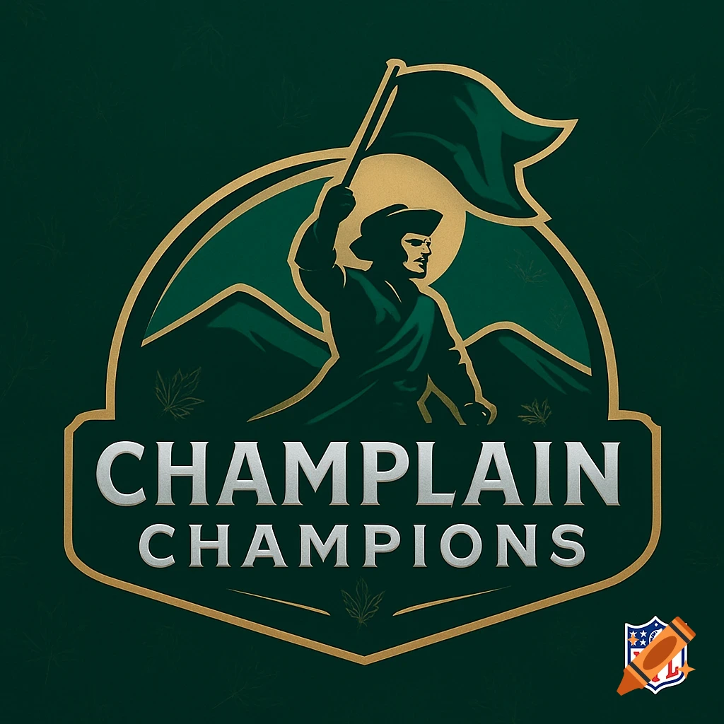 A green and gold sports logo featuring a historical figure holding a flag, mountains, and the text 'CHAMPLAIN CHAMPIONS' and NFL logo.