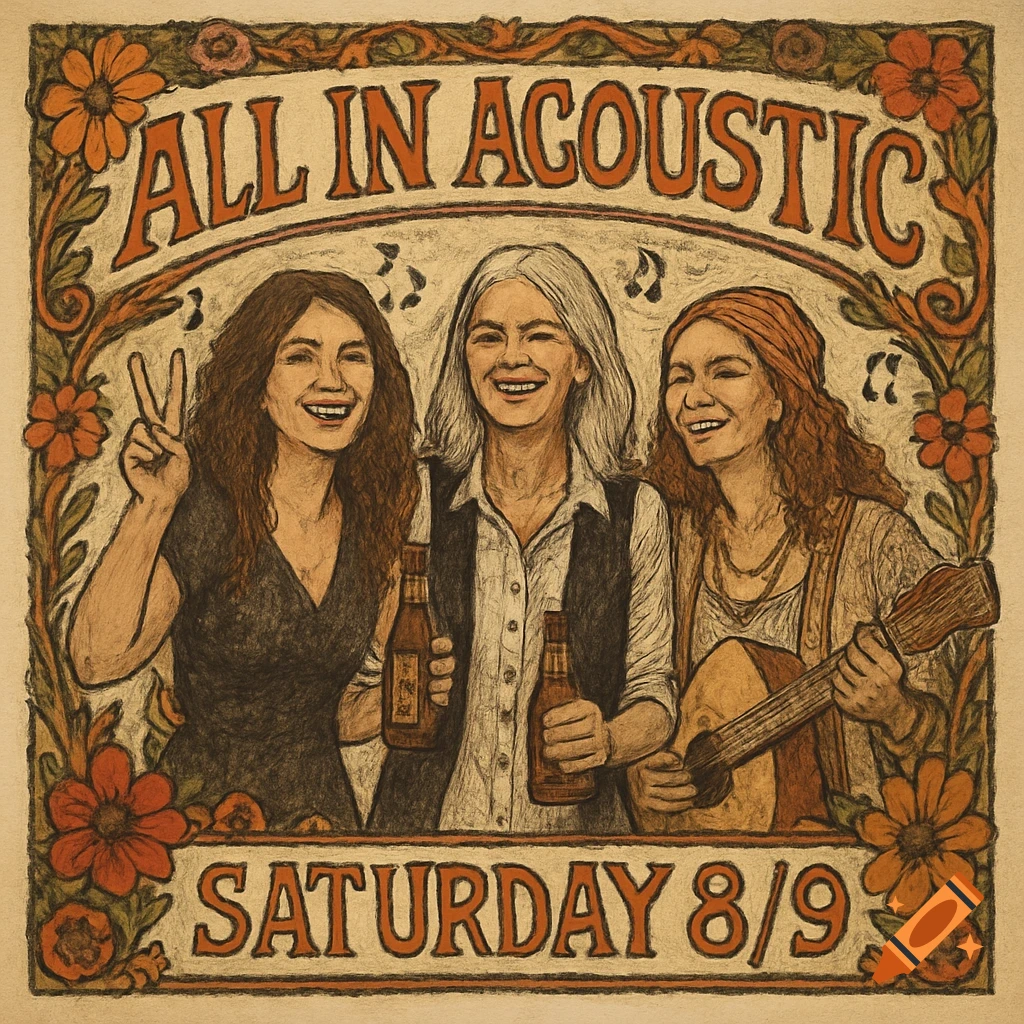 A vintage sketch-style concert poster featuring three smiling women, two holding beer bottles, one playing a guitar, surrounded by a bohemian floral border and text 'ALL IN ACOUSTIC' and 'SATURDAY 8/9'.