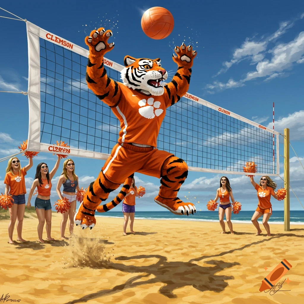 A tiger mascot jumps to spike a volleyball over a net on a sandy beach, with cheerleaders in the background.