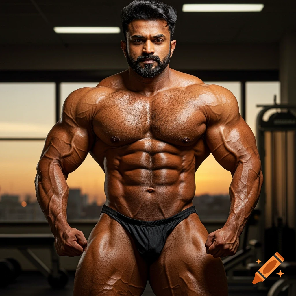 A muscular Indian bodybuilder with a beard and chest hair poses in a gym, showcasing defined muscles.