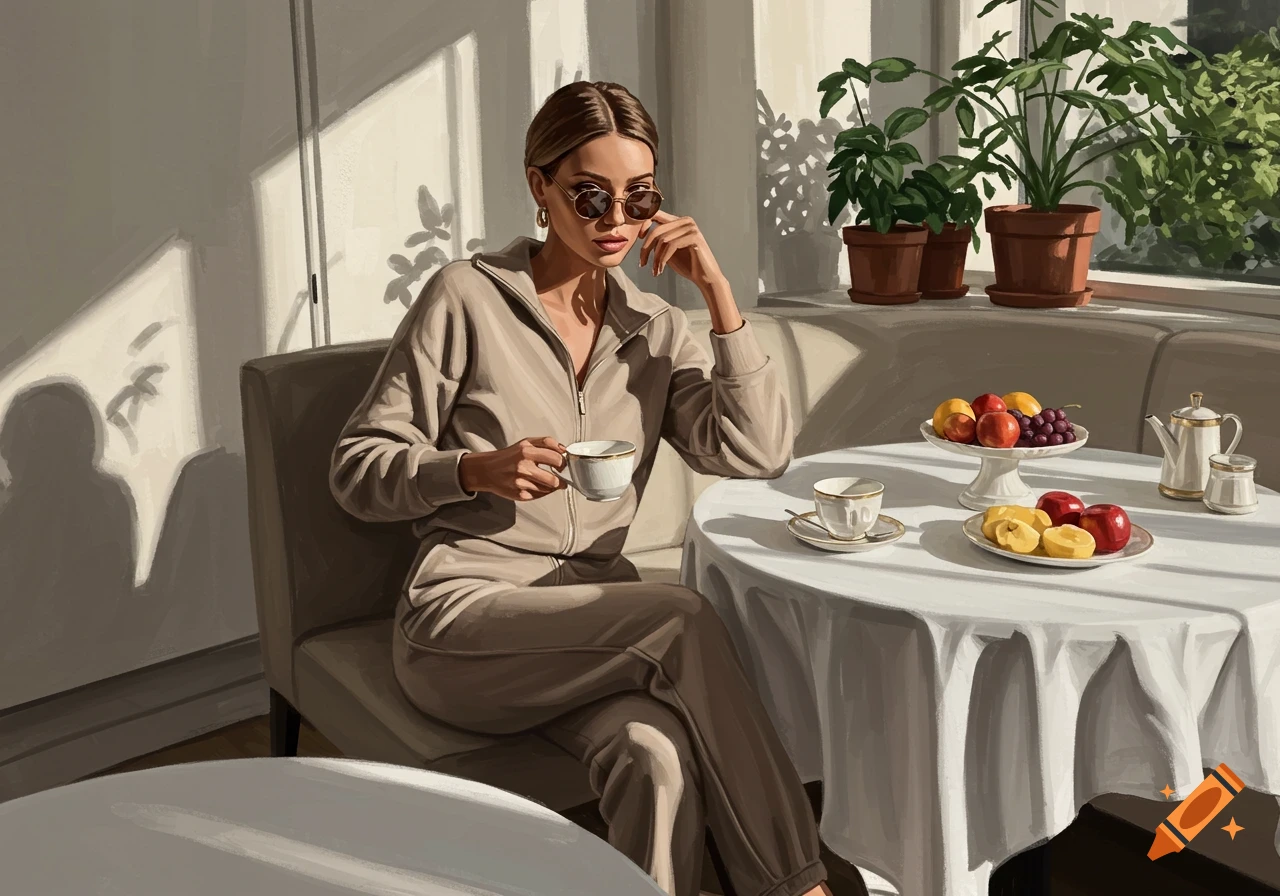 An illustrated woman in a beige tracksuit sips from a cup at a sunlit brunch table with fruit and teacups.