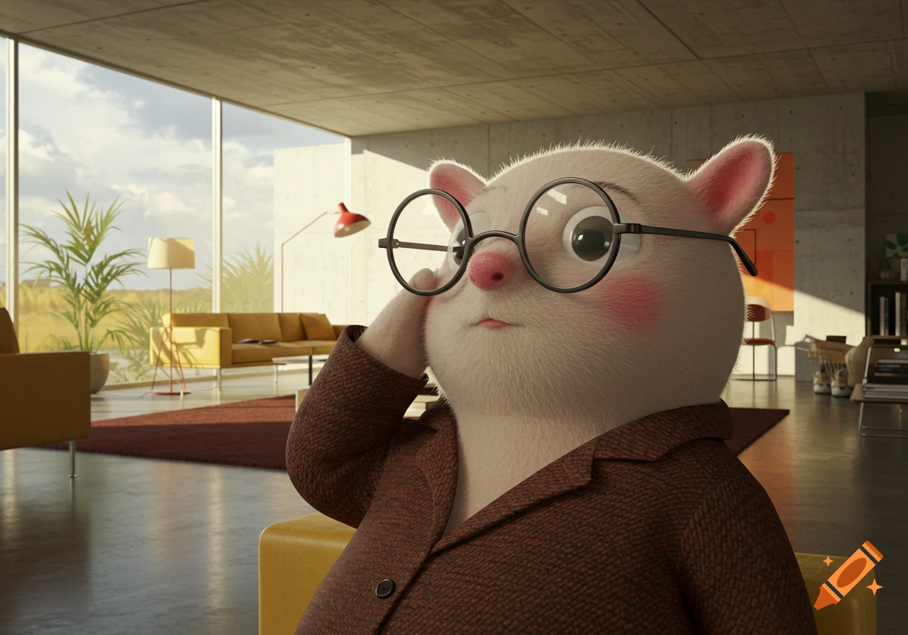 A cute, fluffy cartoon hamster-like creature wearing large round glasses sits in a modern, bright room with a view of a field.