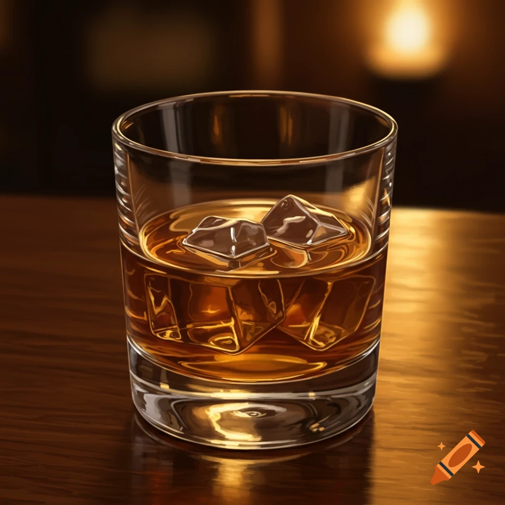 A close-up shot of a glass of whiskey with ice cubes on a polished wooden surface, with a warm, blurry background.