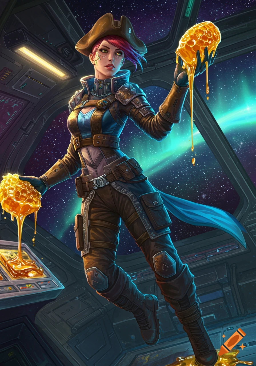 A futuristic space pirate with red hair and a tricorne hat floats in a spaceship, holding two honeycombs dripping with golden honey against a starry background with a blue nebula.