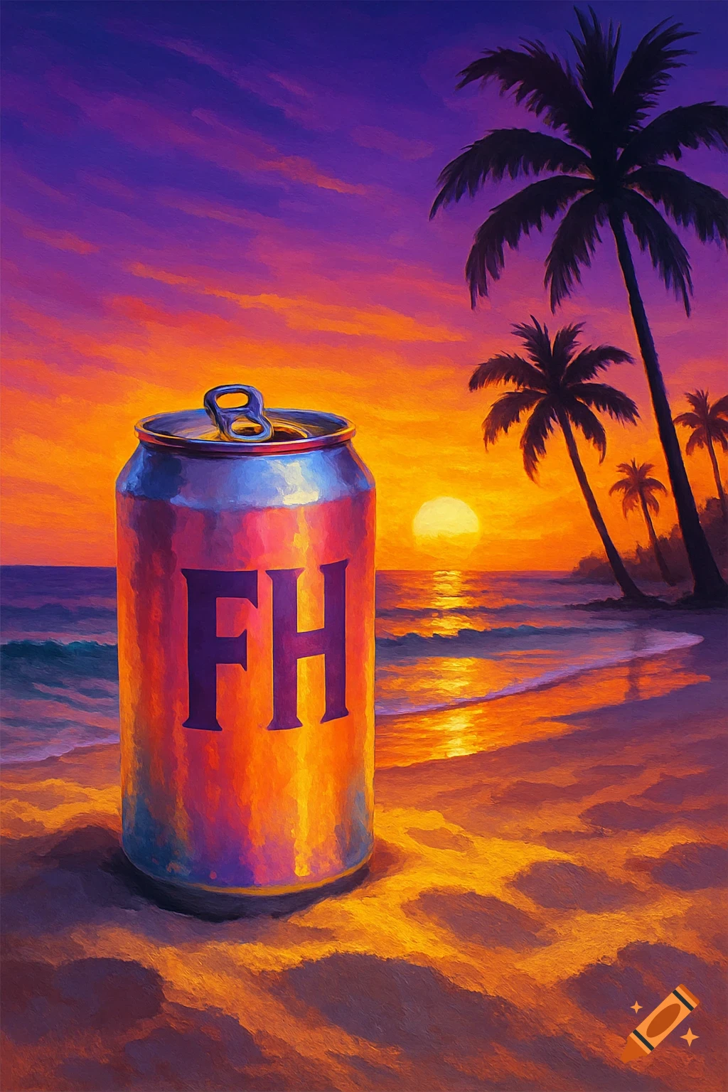 A seltzer can sits on a beach during a vibrant purple, yellow, and orange sunset, with palm trees silhouetted against the sky.