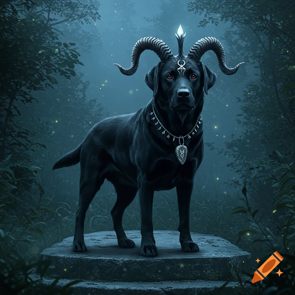 Photorealistic black labrador retriever with ram horns and occult symbols, standing on a stone in a dark, misty forest.