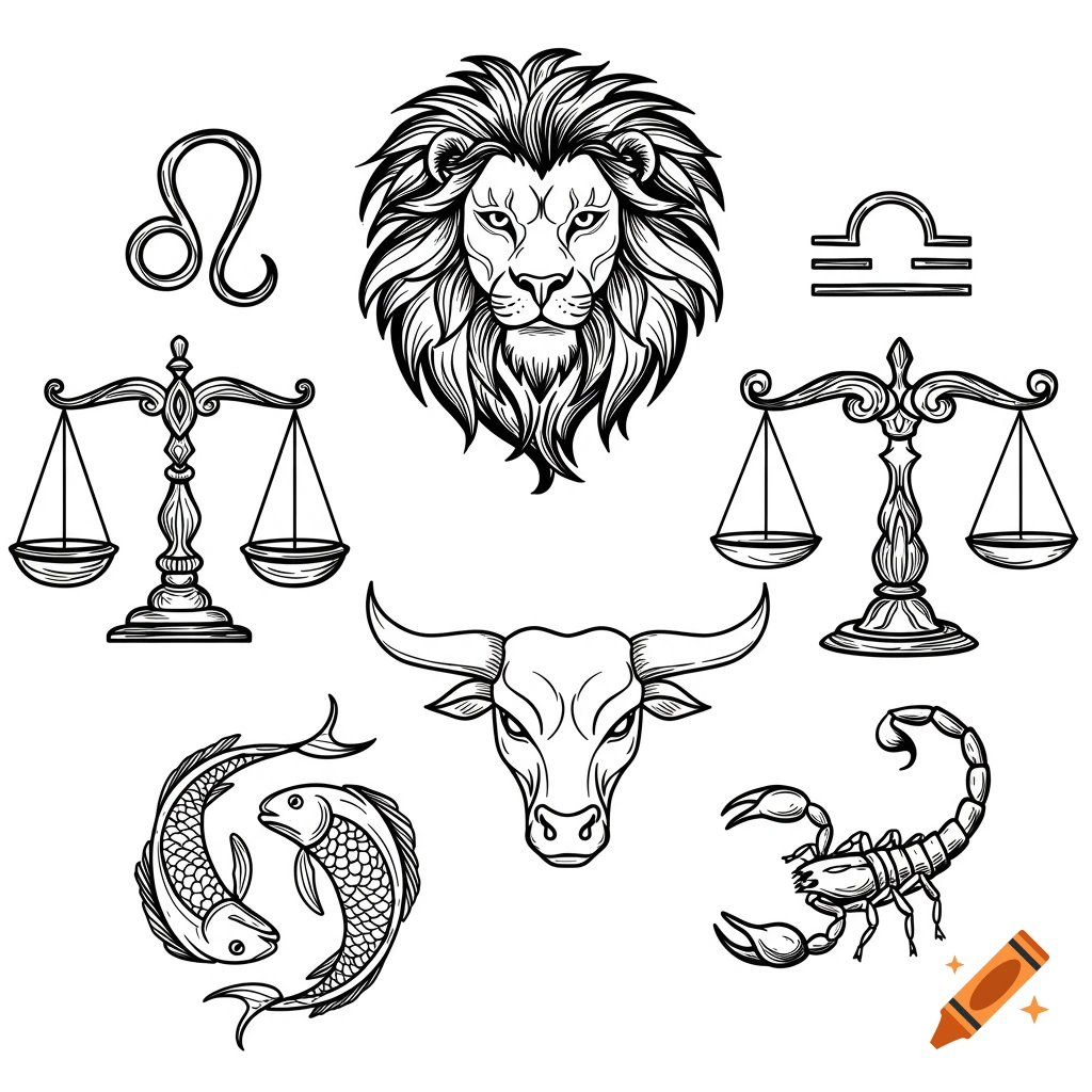 Black and white line art illustration of multiple zodiac symbols including a lion head, bull head, scales, two fish, and a scorpion.