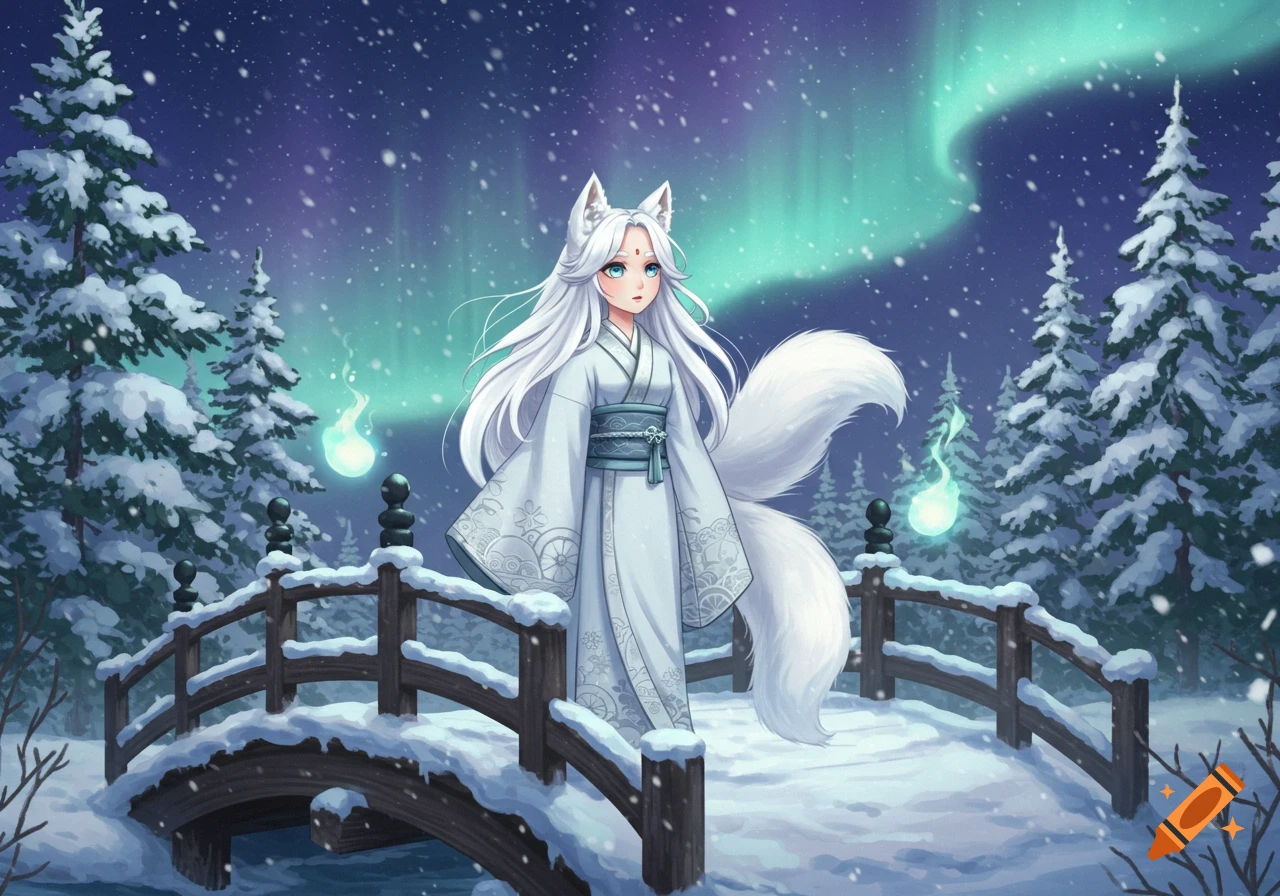 Manga art style illustration of a white snow fox girl on a snowy bridge under the Northern Lights in a winter forest.