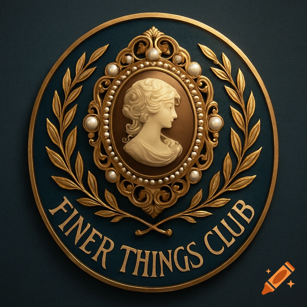 Ornate circular badge with a central cameo of a woman's profile, surrounded by gold foliage and pearls, with 'Finer Things Club' text.