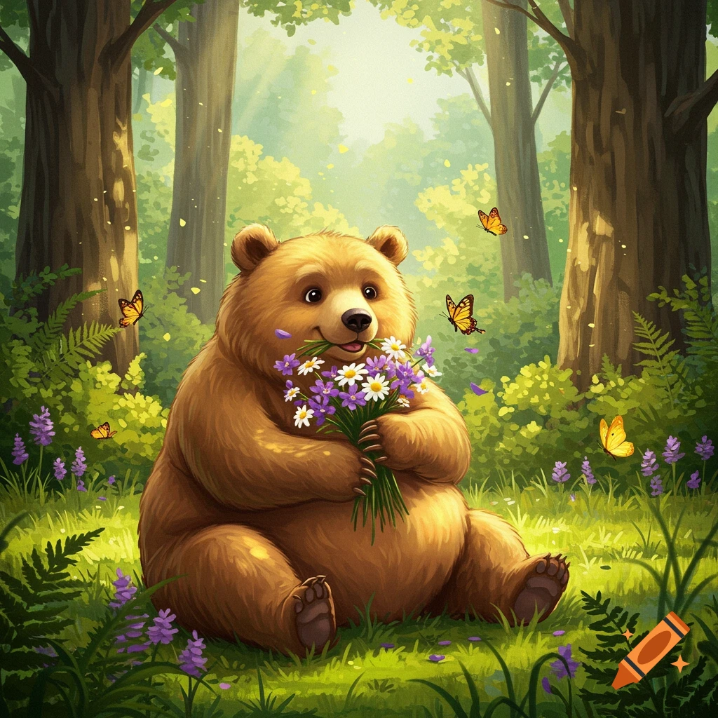 A cute, brown bear sitting in a vibrant green forest, holding a bouquet of purple and white flowers with butterflies flying around.