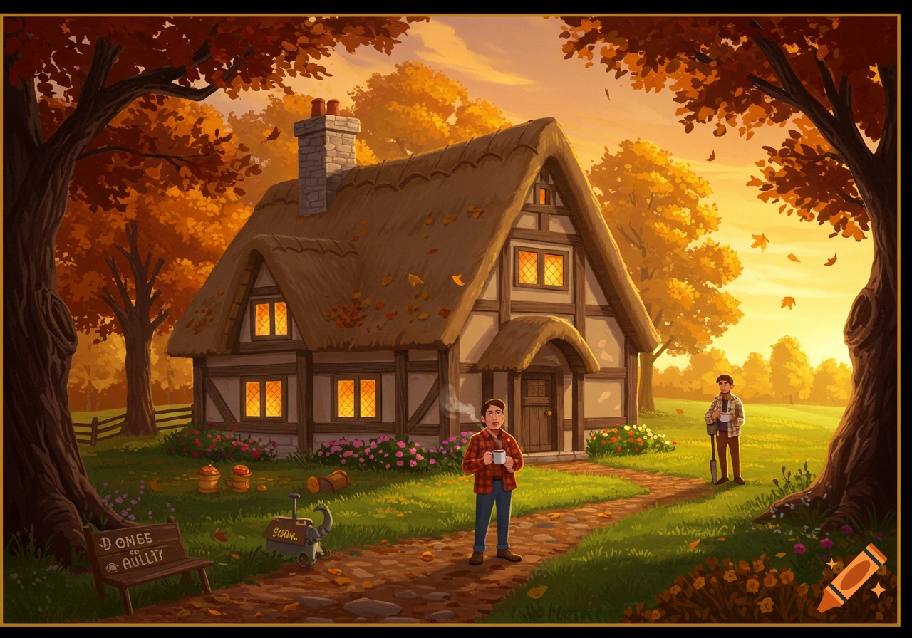 An idyllic autumn scene features a thatched-roof cottage with two men outside, one holding a mug, on a path surrounded by vibrant orange trees and falling leaves.
