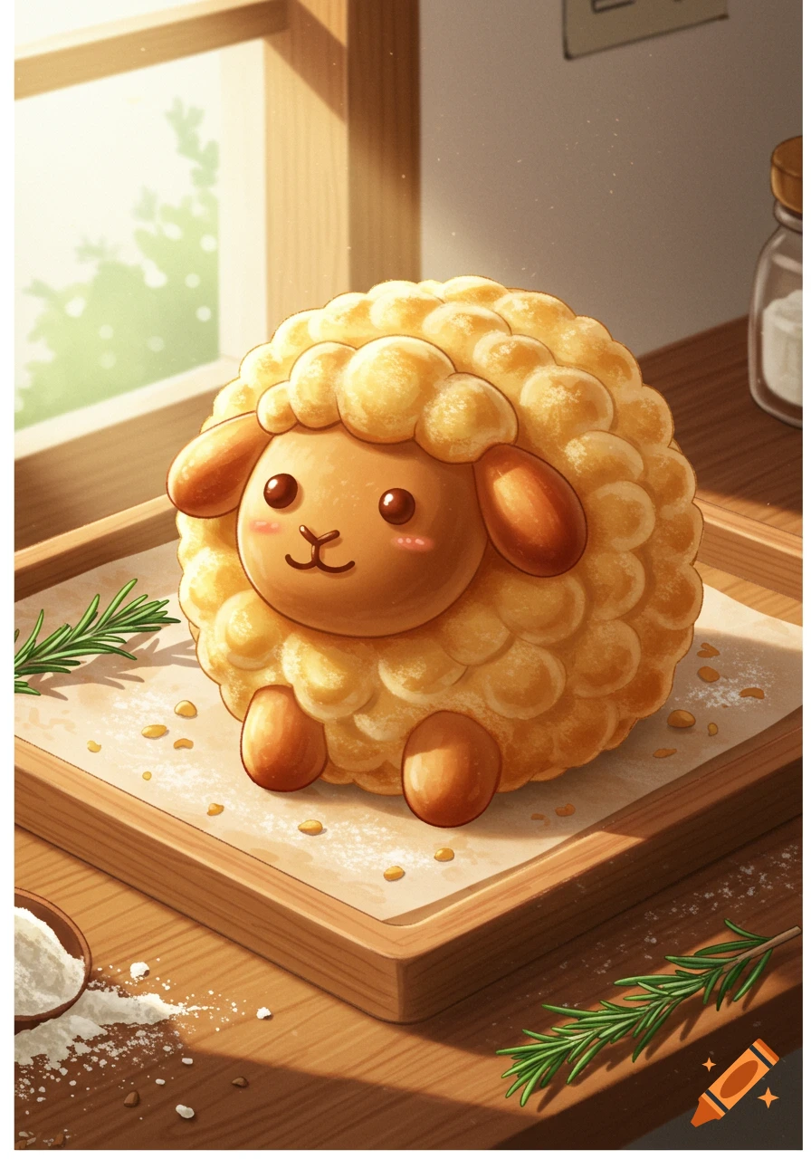 A cute, stylized sheep-shaped bread sits on a wooden baking tray with flour and rosemary sprigs, illuminated by natural light.