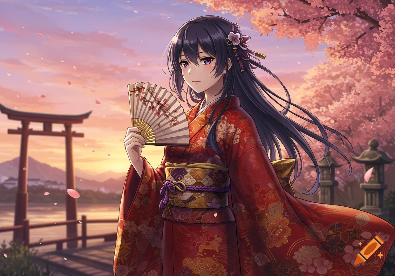 An anime girl in a red kimono holding a fan, standing in front of a torii gate under cherry blossoms at sunset.