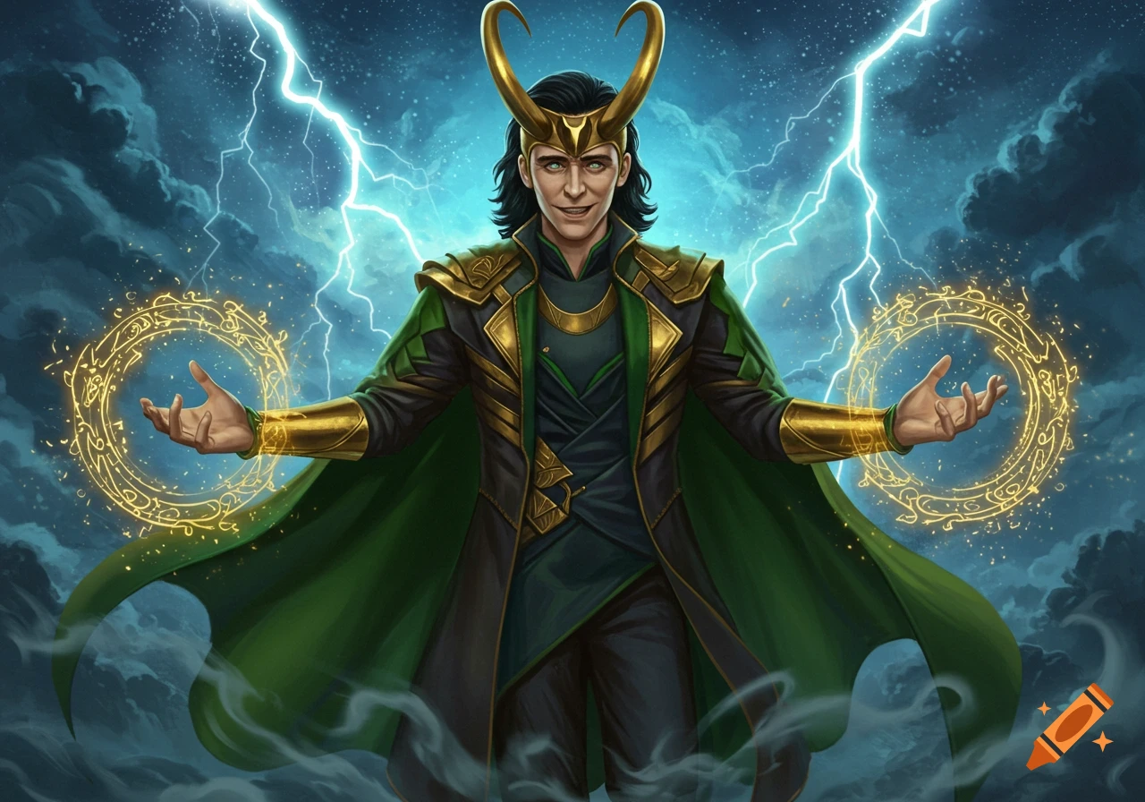 Loki in green and gold stands with magical glowing rings around his hands and lightning striking behind him.